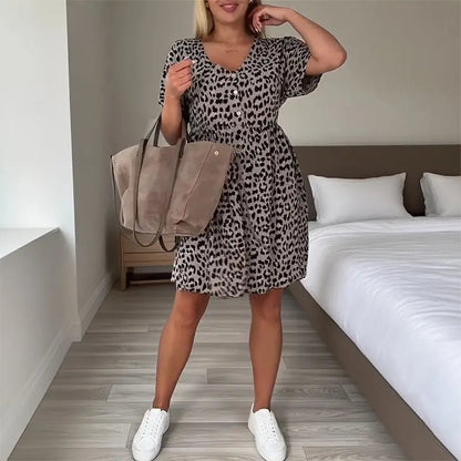 👗Damen V-Ausschnitt Kurzarmkleid –🎨 Atmungsaktives Baumwollgemisch, 🛒Leoparden-/Blumenprint, Vielseitig für Alltag & Freizeit