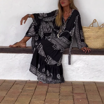 💃🌺Damen lässiges, bedrucktes und fließendes Kleid mit V-Ausschnitt