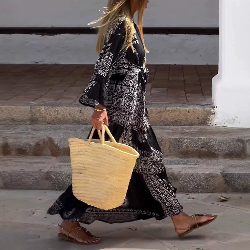 💃🌺Damen lässiges, bedrucktes und fließendes Kleid mit V-Ausschnitt