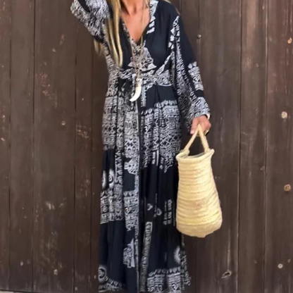 💃🌺Damen lässiges, bedrucktes und fließendes Kleid mit V-Ausschnitt