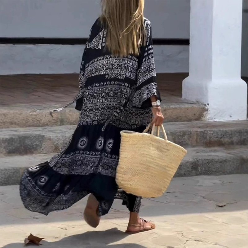 💃🌺Damen lässiges, bedrucktes und fließendes Kleid mit V-Ausschnitt