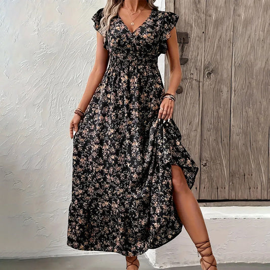💃Fließendes Maxikleid mit V-Ausschnitt und Blumenmuster
