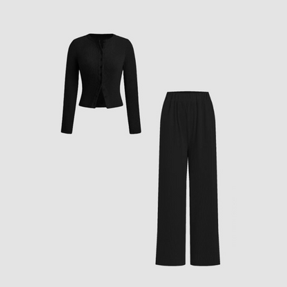 Slim-Fit Long-Sleeve Button-Up Top & Wide-Leg Pants 2-Piece Set