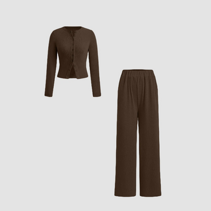 Slim-Fit Long-Sleeve Button-Up Top & Wide-Leg Pants 2-Piece Set