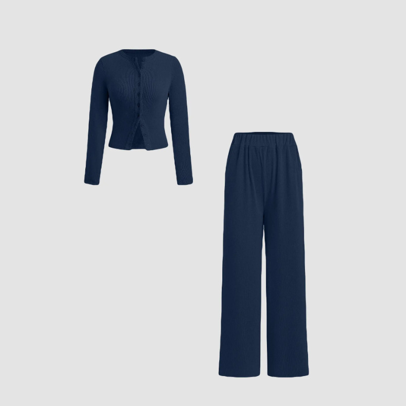 Slim-Fit Long-Sleeve Button-Up Top & Wide-Leg Pants 2-Piece Set