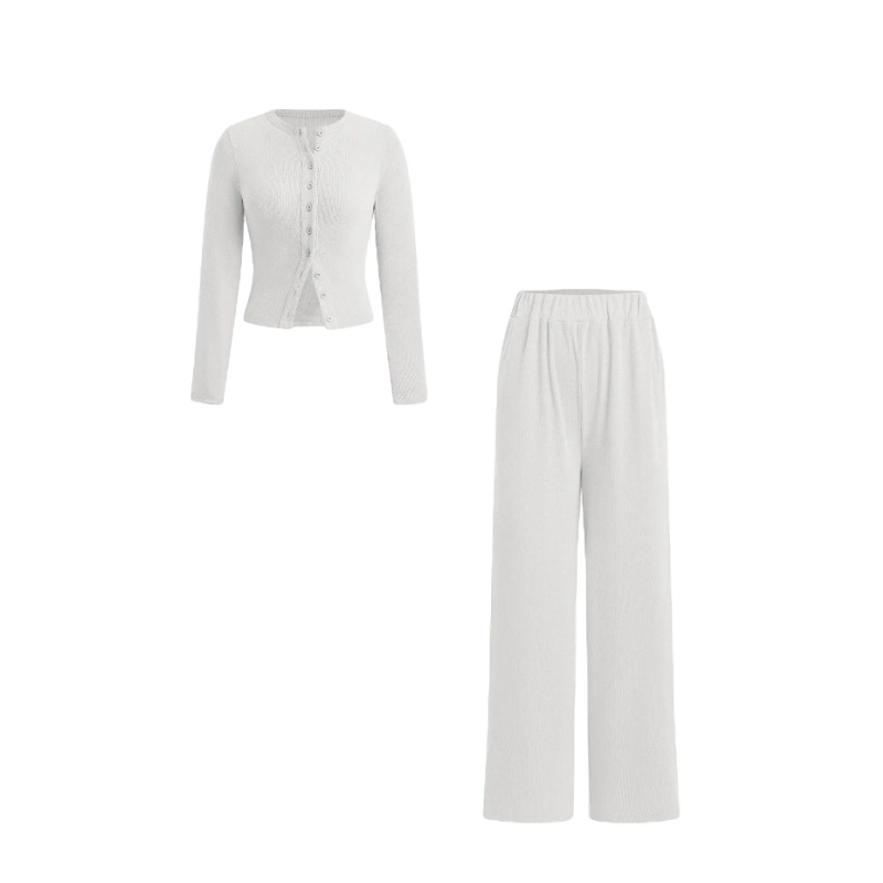 Slim-Fit Long-Sleeve Button-Up Top & Wide-Leg Pants 2-Piece Set