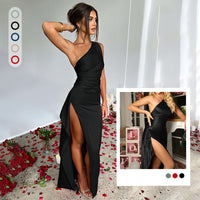 💜 LAST DAY PROMOTION 50%OFF 💜Fits Your Curves Satin One Shoulder Drape Slit Maxi Dress