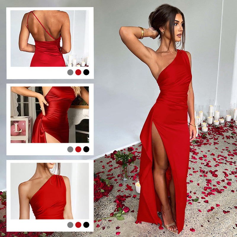 💜 LAST DAY PROMOTION 50%OFF 💜Fits Your Curves Satin One Shoulder Drape Slit Maxi Dress