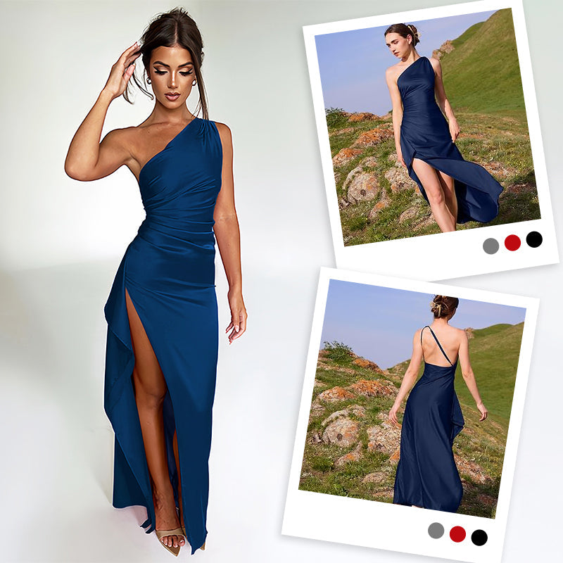 💜 LAST DAY PROMOTION 50%OFF 💜Fits Your Curves Satin One Shoulder Drape Slit Maxi Dress