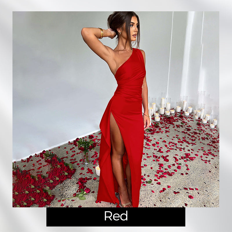 💜 LAST DAY PROMOTION 50%OFF 💜Fits Your Curves Satin One Shoulder Drape Slit Maxi Dress
