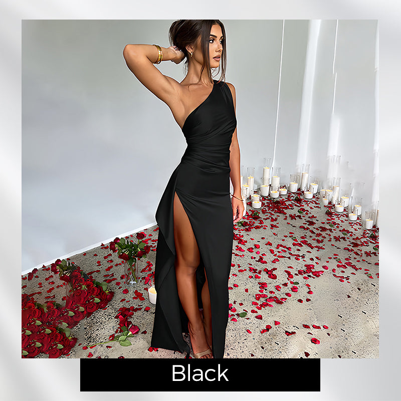 💜 LAST DAY PROMOTION 50%OFF 💜Fits Your Curves Satin One Shoulder Drape Slit Maxi Dress