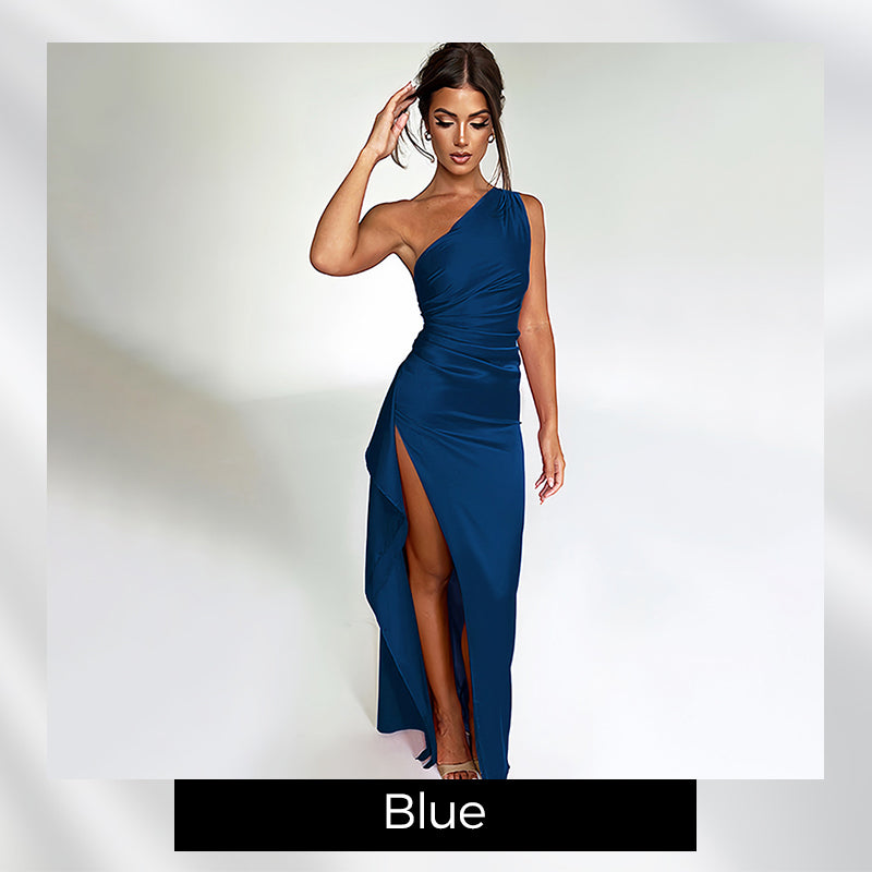 💜 LAST DAY PROMOTION 50%OFF 💜Fits Your Curves Satin One Shoulder Drape Slit Maxi Dress