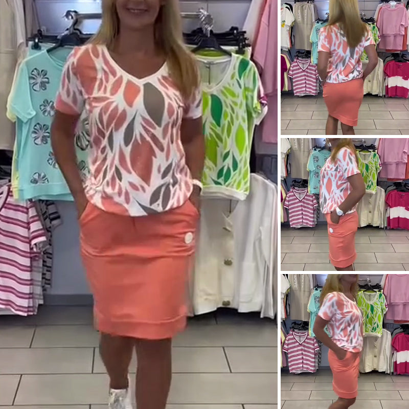 Zweiteiler für Damen: Einfaches, bedrucktes Oberteil & stylischer Rock