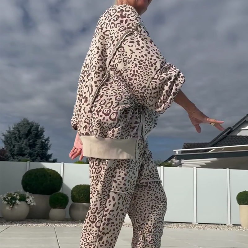 💃Ensemble 2 pièces pour femme avec haut et pantalon à imprimé léopard ☕ – Coupe décontractée, idéal pour le brunch ou les courses du week-end ✨
