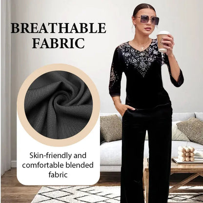 ✨ Elegantes 2-teiliges Samt-Set mit Kristallverzierungen | Perfekt für Büro, Abendessen & Feiern | Atmungsaktiv & Bequem | In Übergrößen XL-4XL verfügbar 👗💎