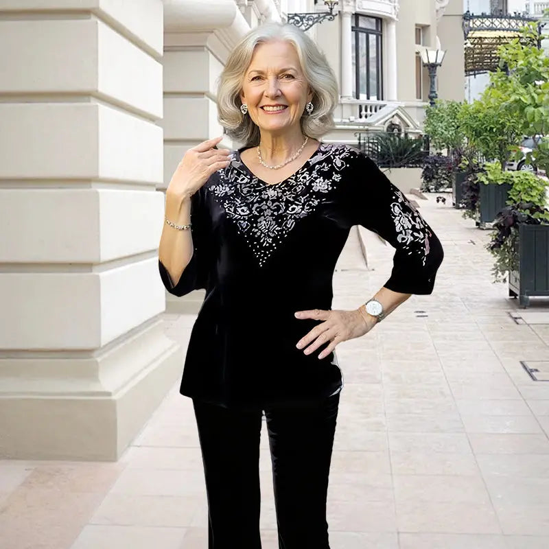 ✨ Elegantes 2-teiliges Samt-Set mit Kristallverzierungen | Perfekt für Büro, Abendessen & Feiern | Atmungsaktiv & Bequem | In Übergrößen XL-4XL verfügbar 👗💎