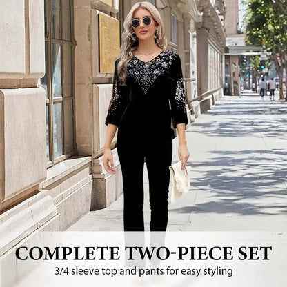 ✨ Elegantes 2-teiliges Samt-Set mit Kristallverzierungen | Perfekt für Büro, Abendessen & Feiern | Atmungsaktiv & Bequem | In Übergrößen XL-4XL verfügbar 👗💎