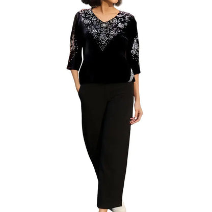 ✨ Elegantes 2-teiliges Samt-Set mit Kristallverzierungen | Perfekt für Büro, Abendessen & Feiern | Atmungsaktiv & Bequem | In Übergrößen XL-4XL verfügbar 👗💎
