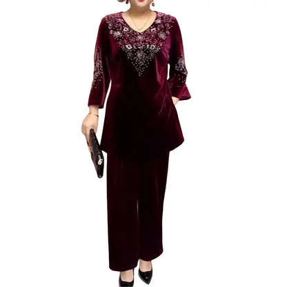 ✨ Elegantes 2-teiliges Samt-Set mit Kristallverzierungen | Perfekt für Büro, Abendessen & Feiern | Atmungsaktiv & Bequem | In Übergrößen XL-4XL verfügbar 👗💎