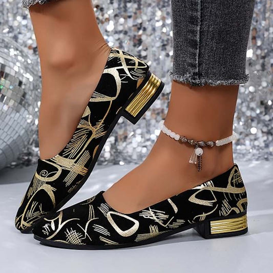 Modische Damen-Ballerinas mit spitzer Zehenpartie, niedrigem Absatz und Muster