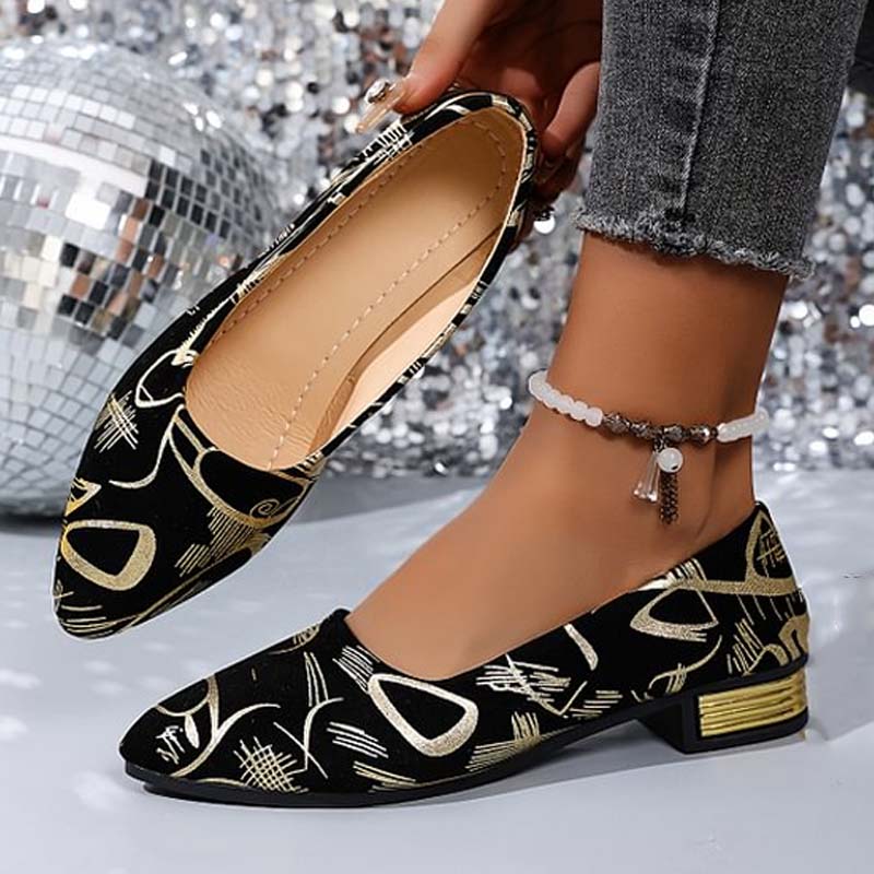 Modische Damen-Ballerinas mit spitzer Zehenpartie, niedrigem Absatz und Muster