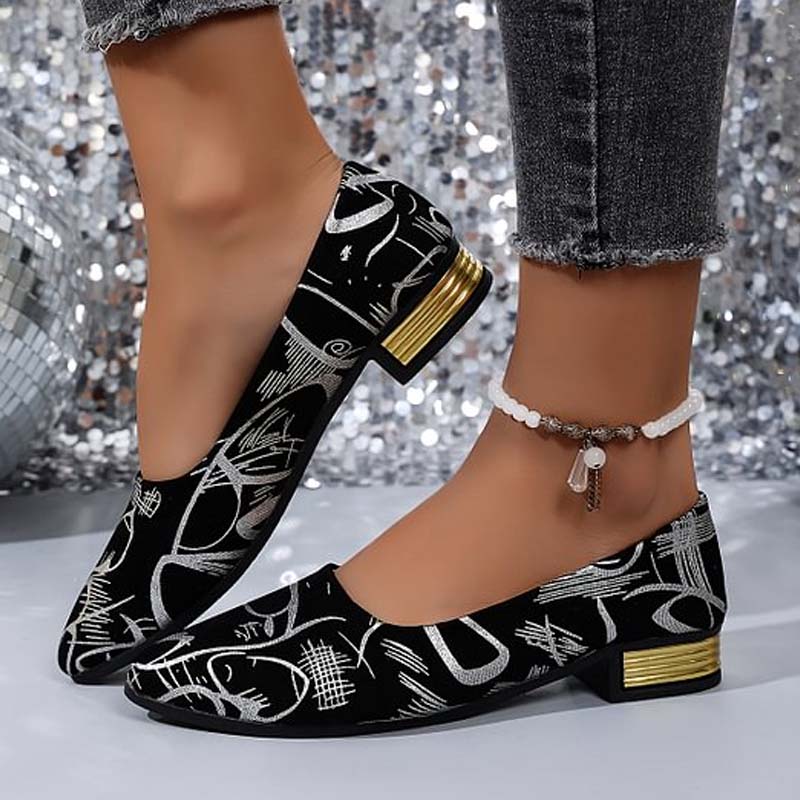 Modische Damen-Ballerinas mit spitzer Zehenpartie, niedrigem Absatz und Muster