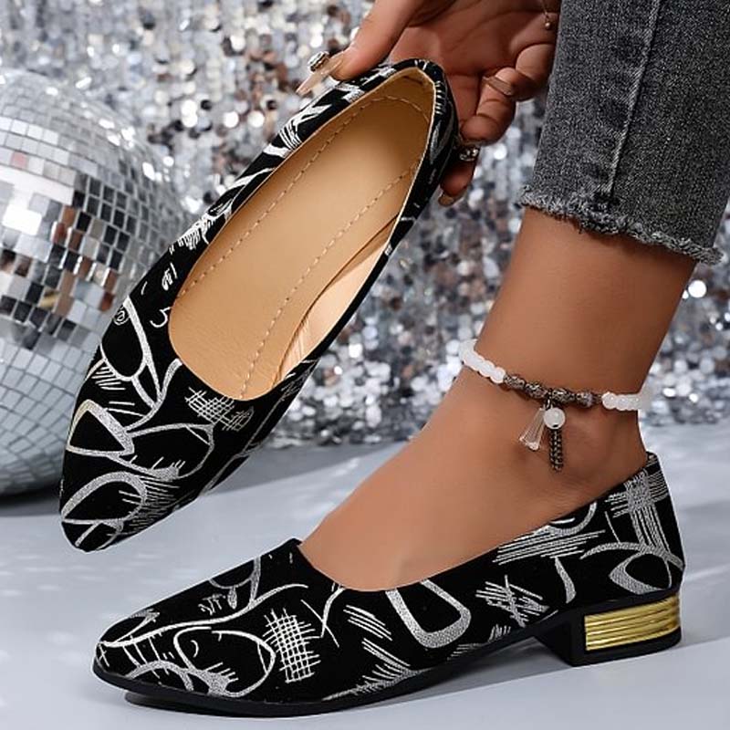 Modische Damen-Ballerinas mit spitzer Zehenpartie, niedrigem Absatz und Muster