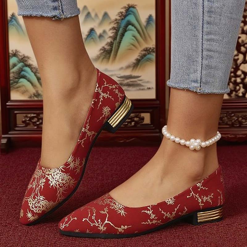 Modische Damen-Ballerinas mit spitzer Zehenpartie, niedrigem Absatz und Muster