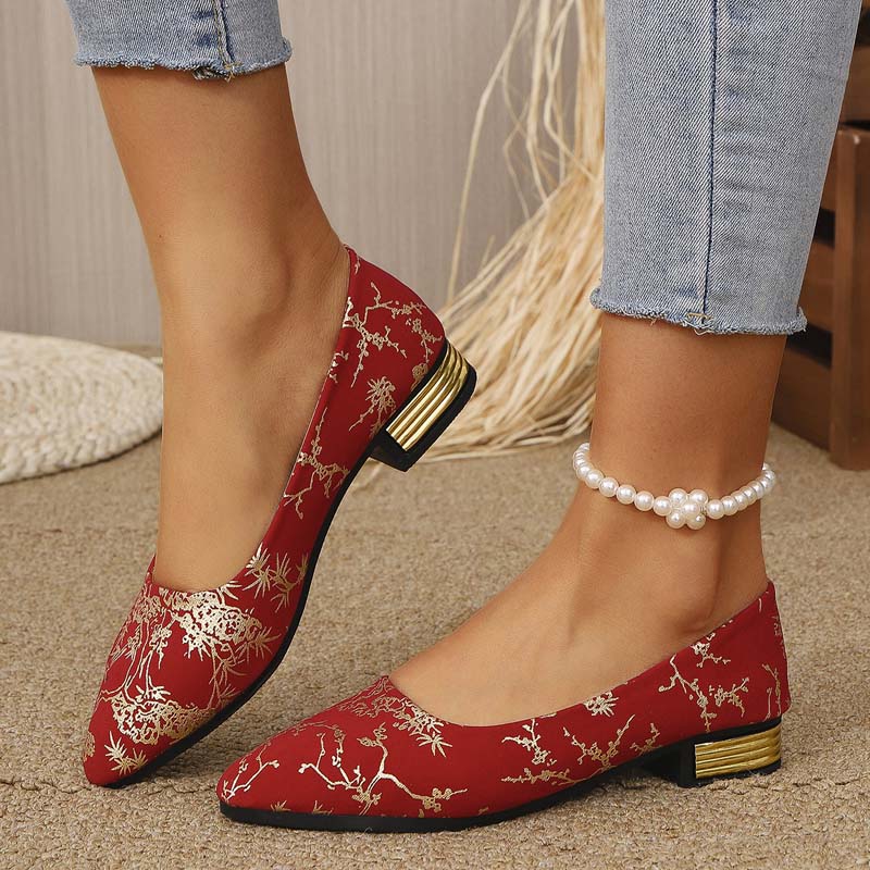 Modische Damen-Ballerinas mit spitzer Zehenpartie, niedrigem Absatz und Muster