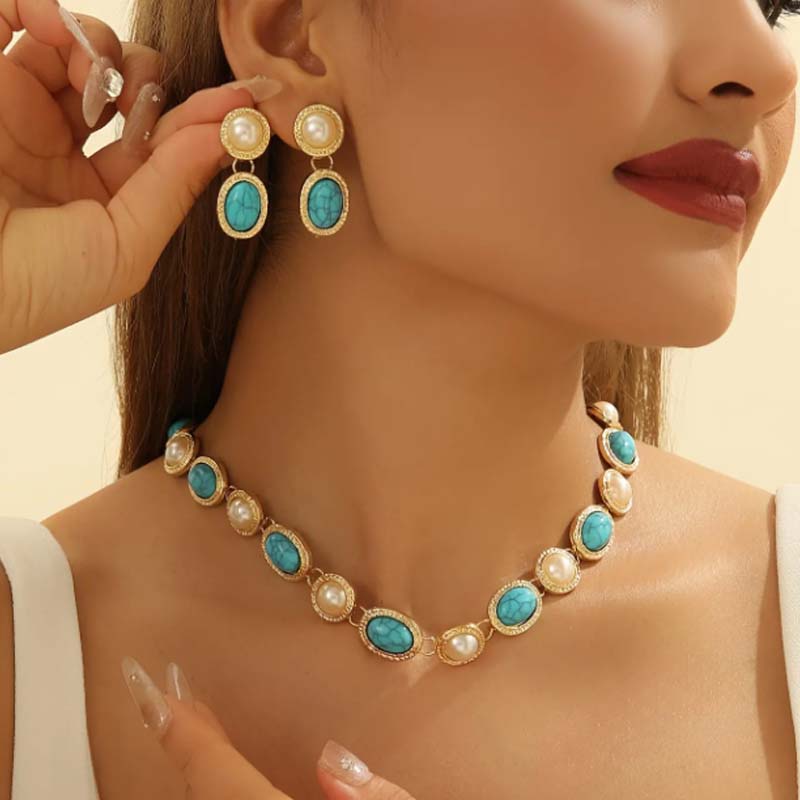 Retro-Stiftöhrringe und Halskette-Set für Damen