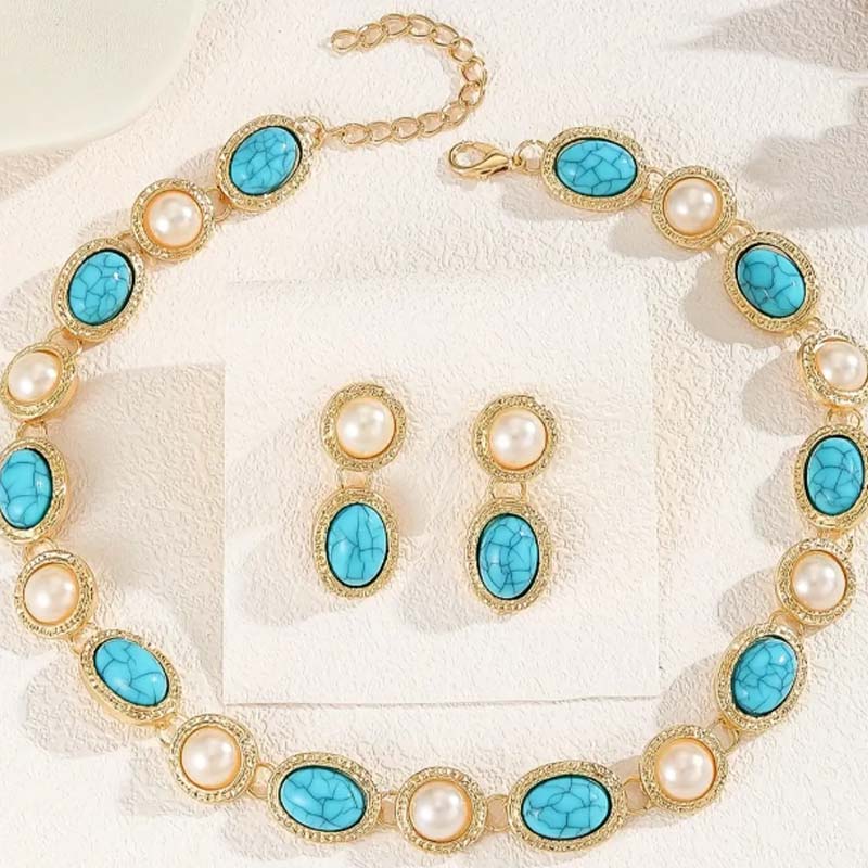 Retro-Stiftöhrringe und Halskette-Set für Damen