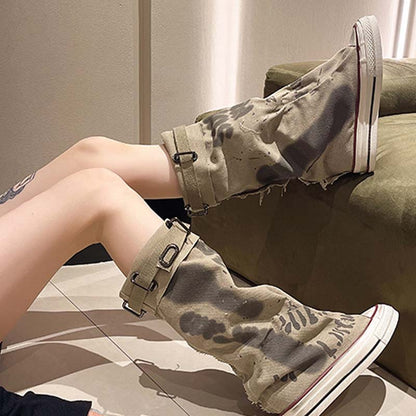 💗LETZTER TAG AKTION - 76% RABATT💗Flache Retro-Stiefel aus Canvas mit mittlerem Schaft für Damen