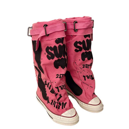 💗LETZTER TAG AKTION - 76% RABATT💗Flache Retro-Stiefel aus Canvas mit mittlerem Schaft für Damen