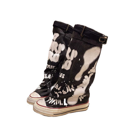 💗LETZTER TAG AKTION - 76% RABATT💗Flache Retro-Stiefel aus Canvas mit mittlerem Schaft für Damen