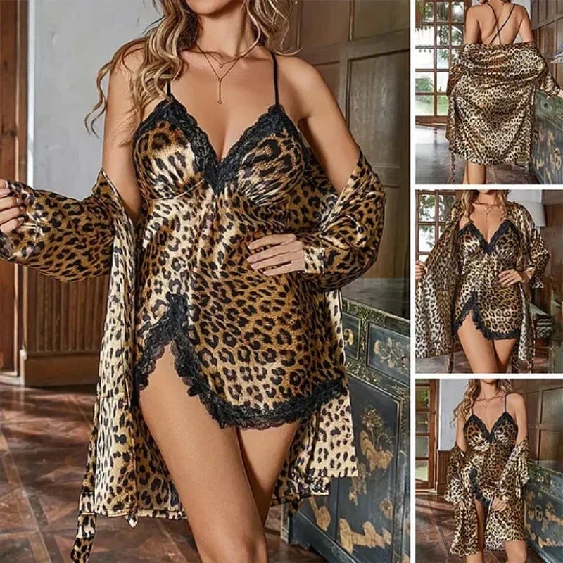 ⏳Zeitlich begrenzt 50 % Rabatt💥Damen sexy Set mit Leopardenmuster: Morgenmantel und Nachthemd💕