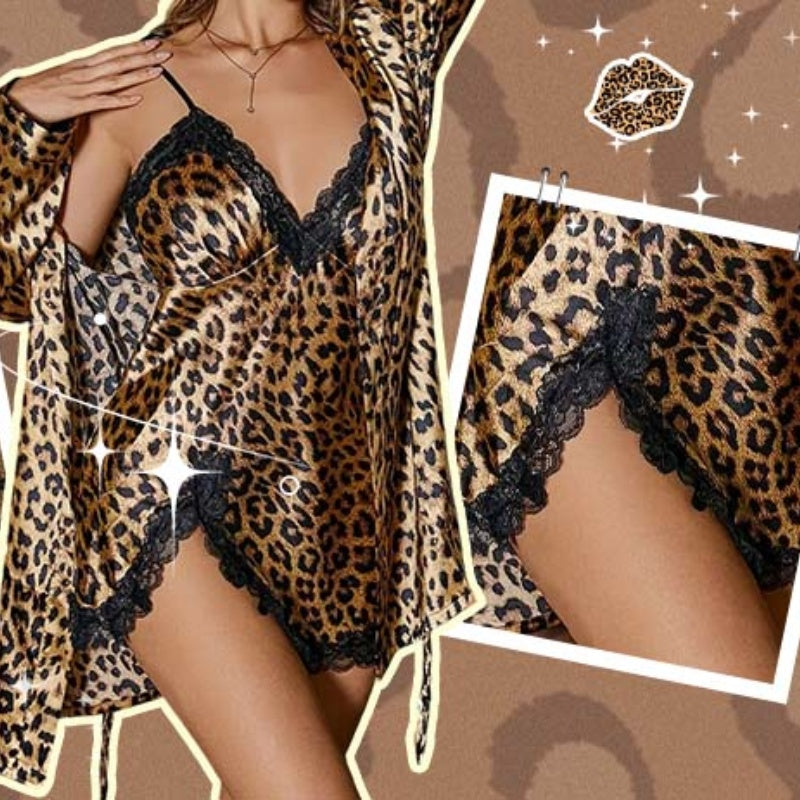 ⏳Zeitlich begrenzt 50 % Rabatt💥Damen sexy Set mit Leopardenmuster: Morgenmantel und Nachthemd💕
