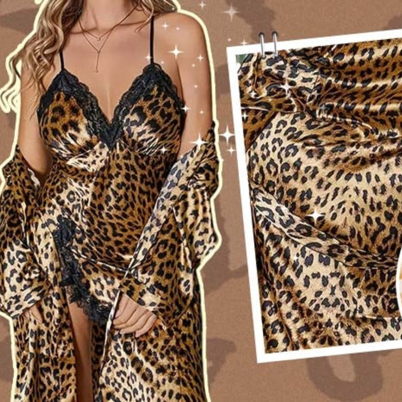 ⏳Zeitlich begrenzt 50 % Rabatt💥Damen sexy Set mit Leopardenmuster: Morgenmantel und Nachthemd💕