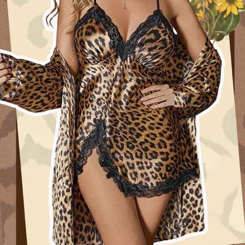 ⏳Zeitlich begrenzt 50 % Rabatt💥Damen sexy Set mit Leopardenmuster: Morgenmantel und Nachthemd💕