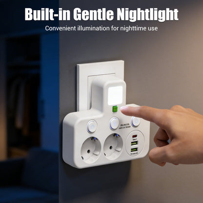 🔌EU-Stecker-Wandler-Steckdose mit 4 Steckdosen, Multi-Port-Wanddose mit unabhängigem Schalter und kleinem Nachtlichtadapter