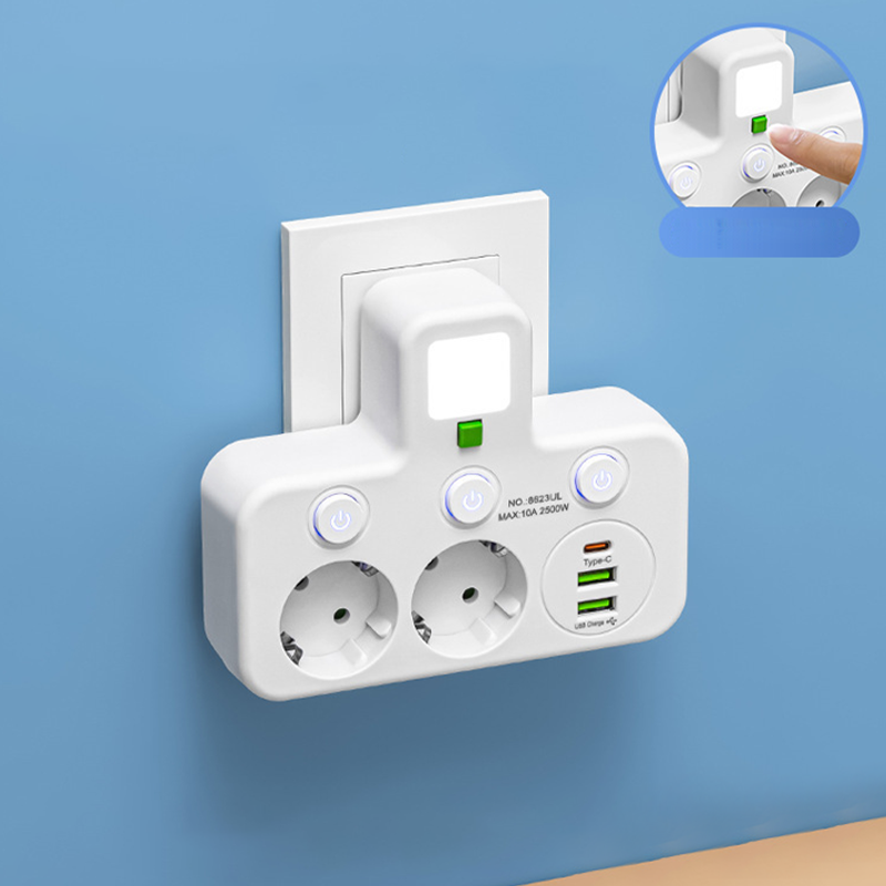 🔌EU-Stecker-Wandler-Steckdose mit 4 Steckdosen, Multi-Port-Wanddose mit unabhängigem Schalter und kleinem Nachtlichtadapter