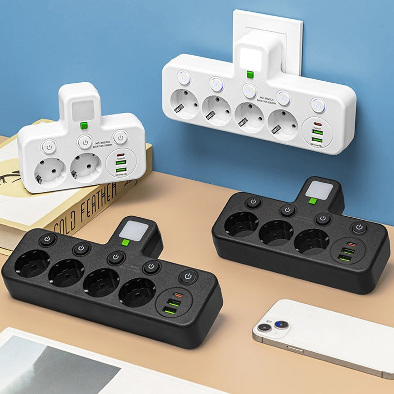 🔌EU-Stecker-Wandler-Steckdose mit 4 Steckdosen, Multi-Port-Wanddose mit unabhängigem Schalter und kleinem Nachtlichtadapter