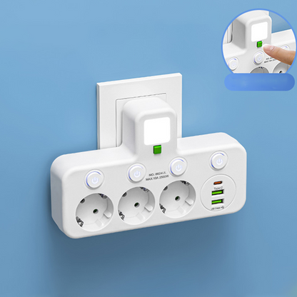 🔌EU-Stecker-Wandler-Steckdose mit 4 Steckdosen, Multi-Port-Wanddose mit unabhängigem Schalter und kleinem Nachtlichtadapter