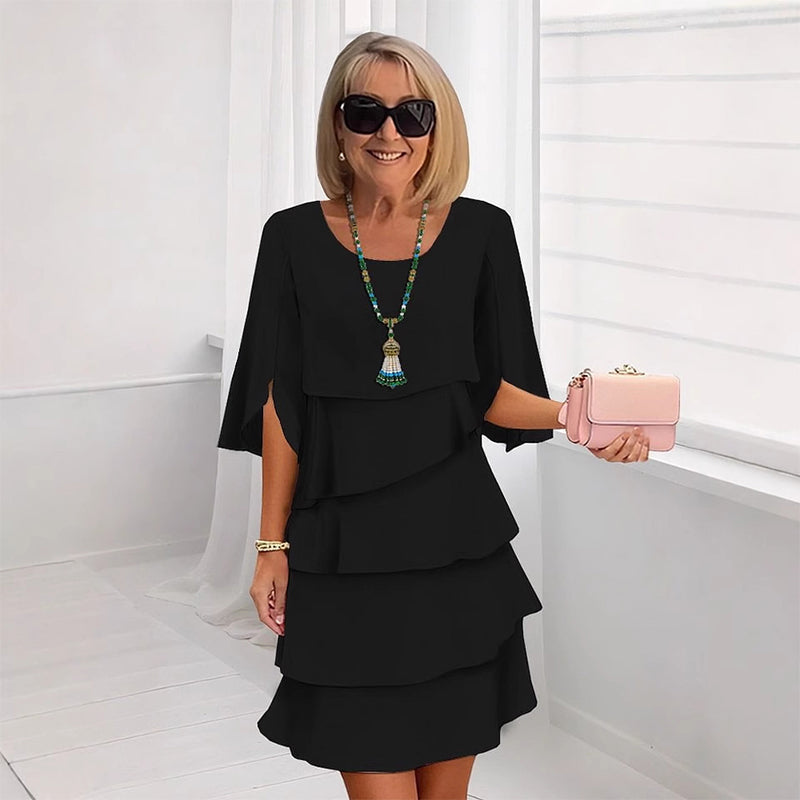 👗50% RABATT! ✨ Damen Kleid – Rundhals, Kaskaden-Rüschen & Mehrlagig – Elegant, Schmeichelhaft & Perfekt für Sommer & Anlässe 🌸