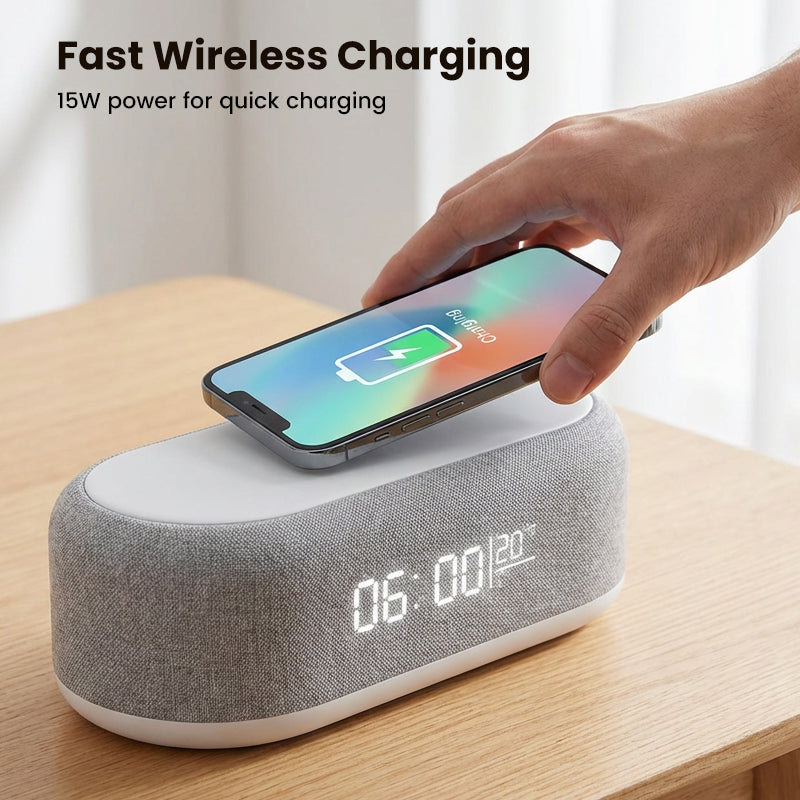 🔋6-in-1 Kabellose Ladestation 25W – Uhr, Wecker, Bluetooth-Lautsprecher & Nachtlicht | All-in-One für den Nachttisch!