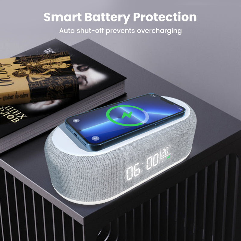 🔋6-in-1 Kabellose Ladestation 25W – Uhr, Wecker, Bluetooth-Lautsprecher & Nachtlicht | All-in-One für den Nachttisch!