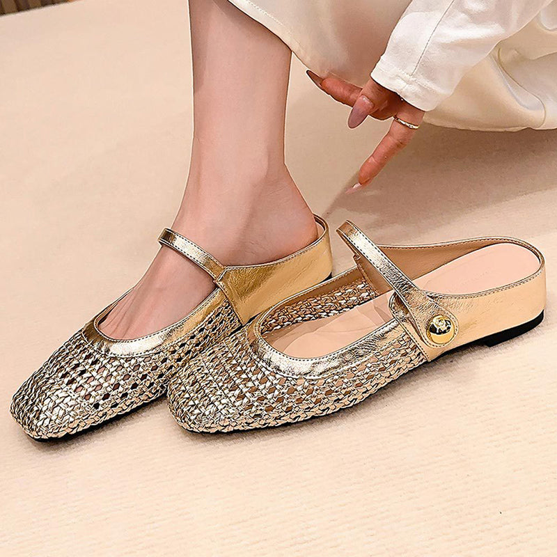 👡50 % Rabatt!☁️Damen-Mules aus gewebtem Material mit eckiger Spitze und Mary-Jane-Verschluss
