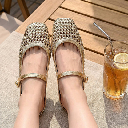 👡50 % Rabatt!☁️Damen-Mules aus gewebtem Material mit eckiger Spitze und Mary-Jane-Verschluss