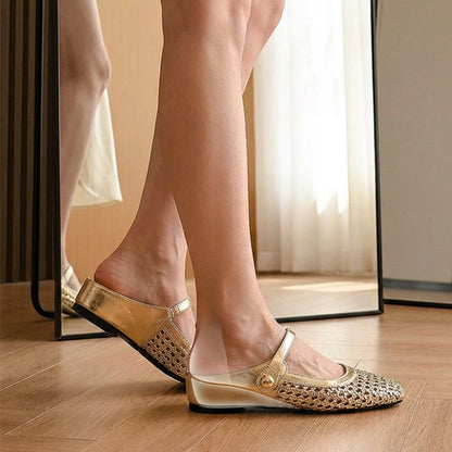 👡50 % Rabatt!☁️Damen-Mules aus gewebtem Material mit eckiger Spitze und Mary-Jane-Verschluss