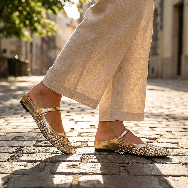 👡50 % Rabatt!☁️Damen-Mules aus gewebtem Material mit eckiger Spitze und Mary-Jane-Verschluss