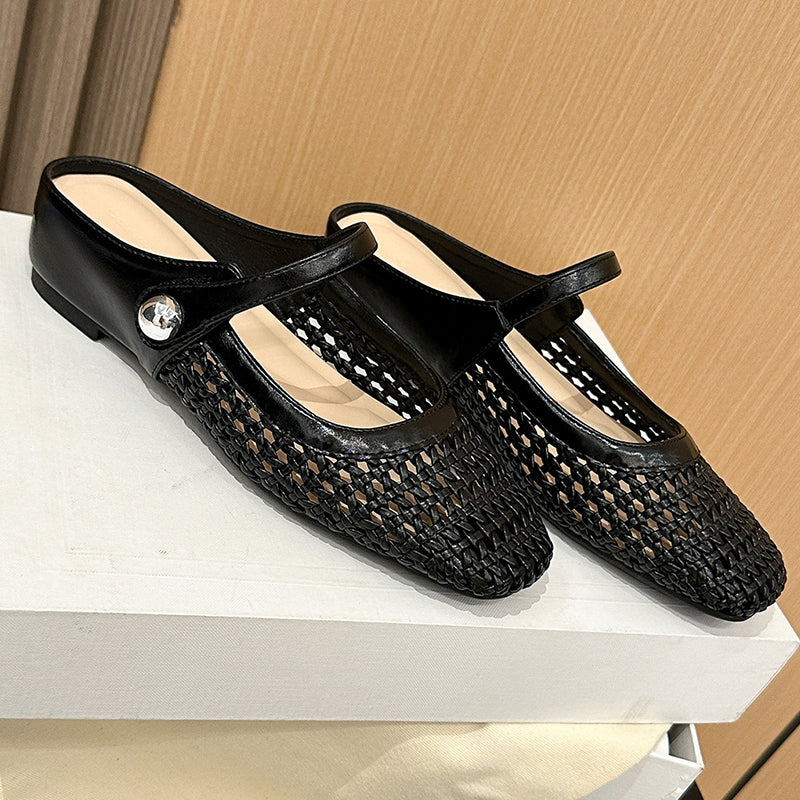 👡50 % Rabatt!☁️Damen-Mules aus gewebtem Material mit eckiger Spitze und Mary-Jane-Verschluss
